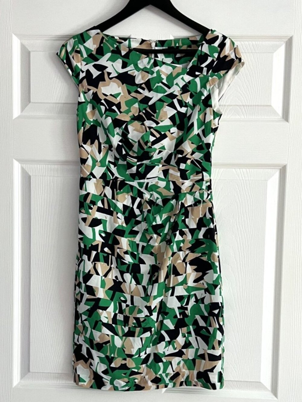 Ann Taylor Geometric Print Dress Green Black Beige Cap Sleeve Size 0 NWT